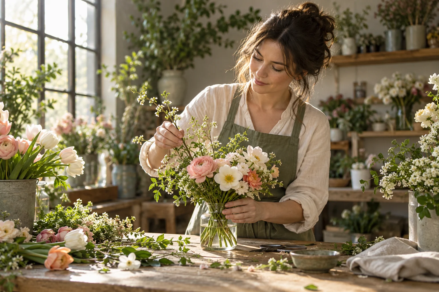 Una florista arreglando flores en un taller iluminado por el sol